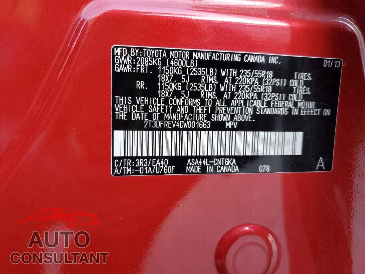 TOYOTA RAV4 2013 - 2T3DFREV4DW001663