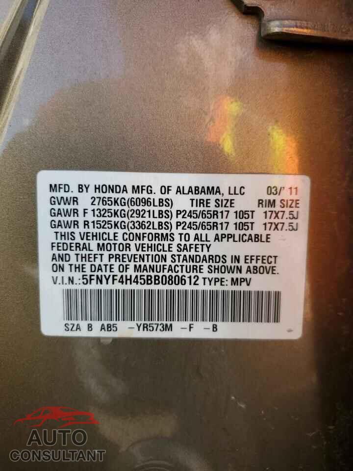 HONDA PILOT 2011 - 5FNYF4H45BB080612