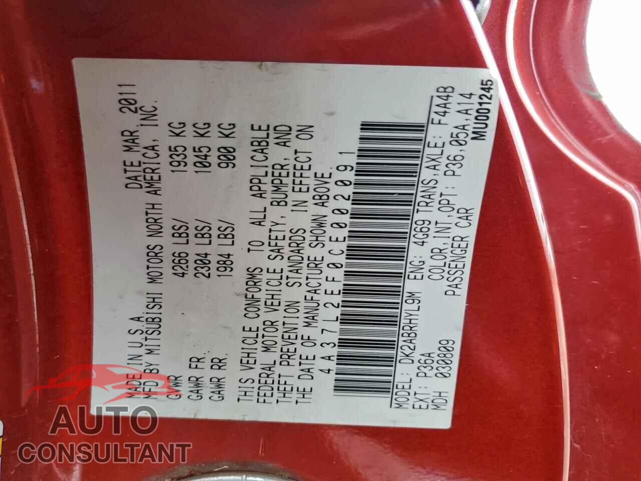 MITSUBISHI ECLIPSE 2012 - 4A37L2EF0CE002091