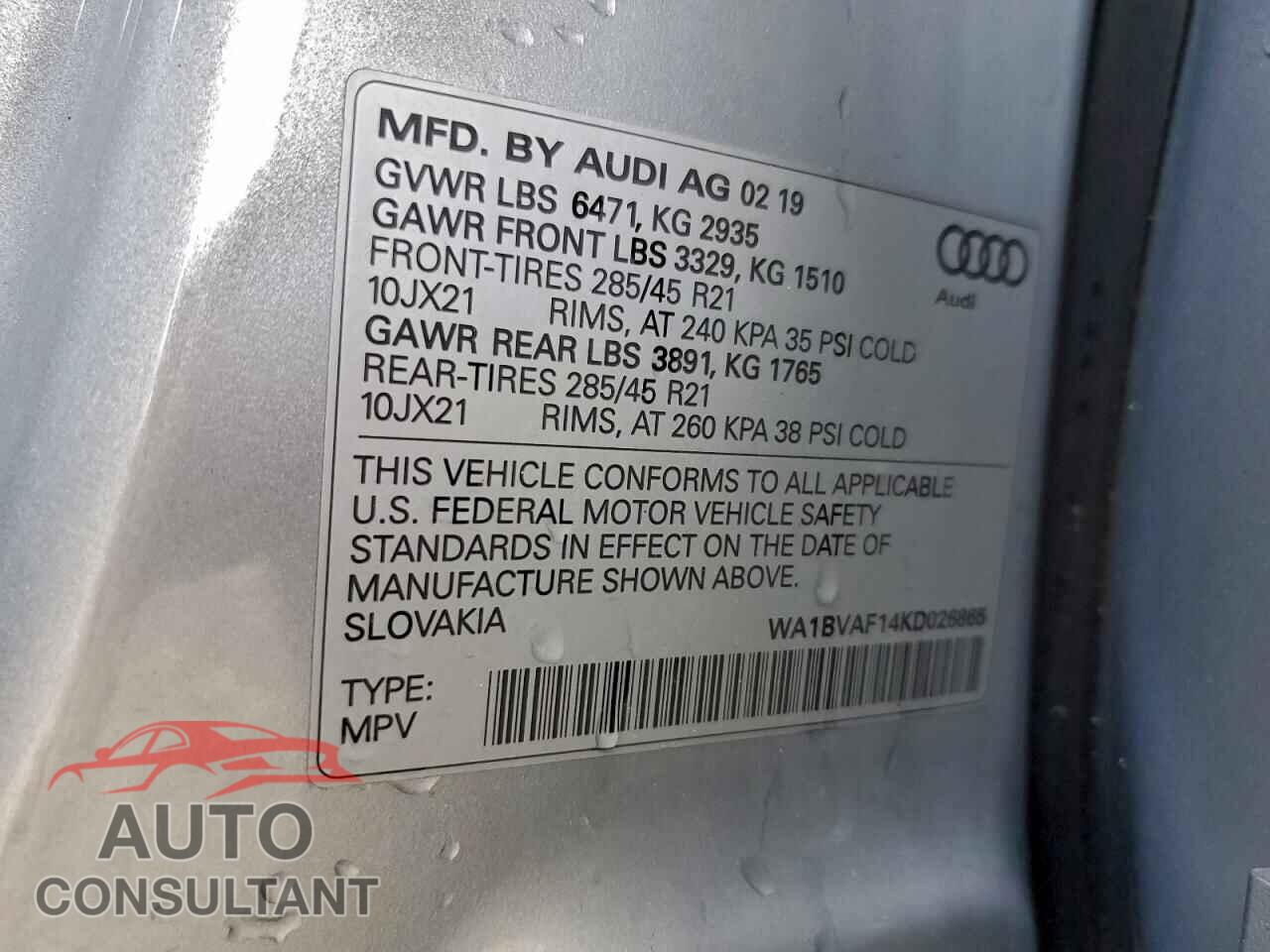 AUDI Q8 2019 - WA1BVAF14KD026865