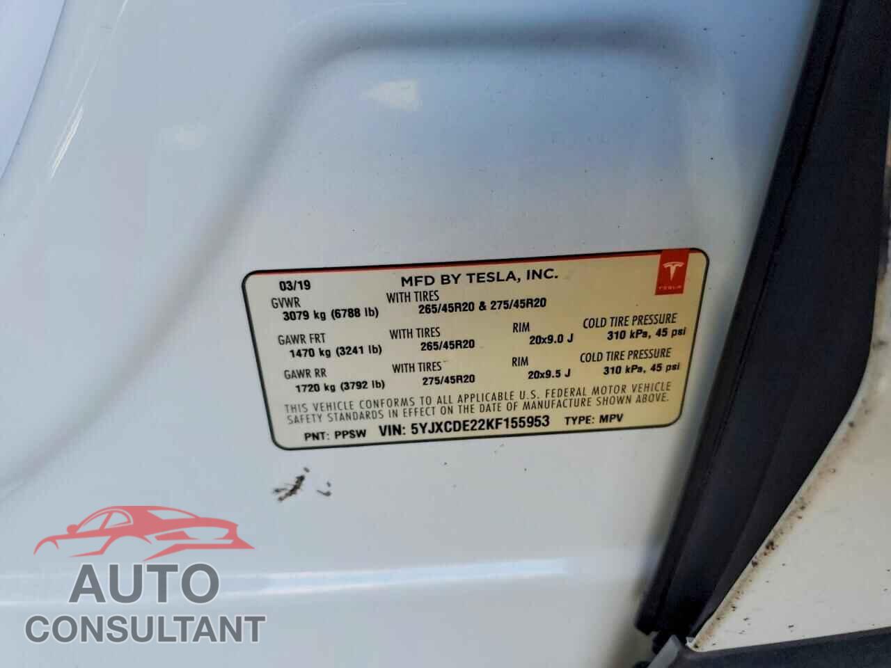 TESLA MODEL X 2019 - 5YJXCDE22KF155953