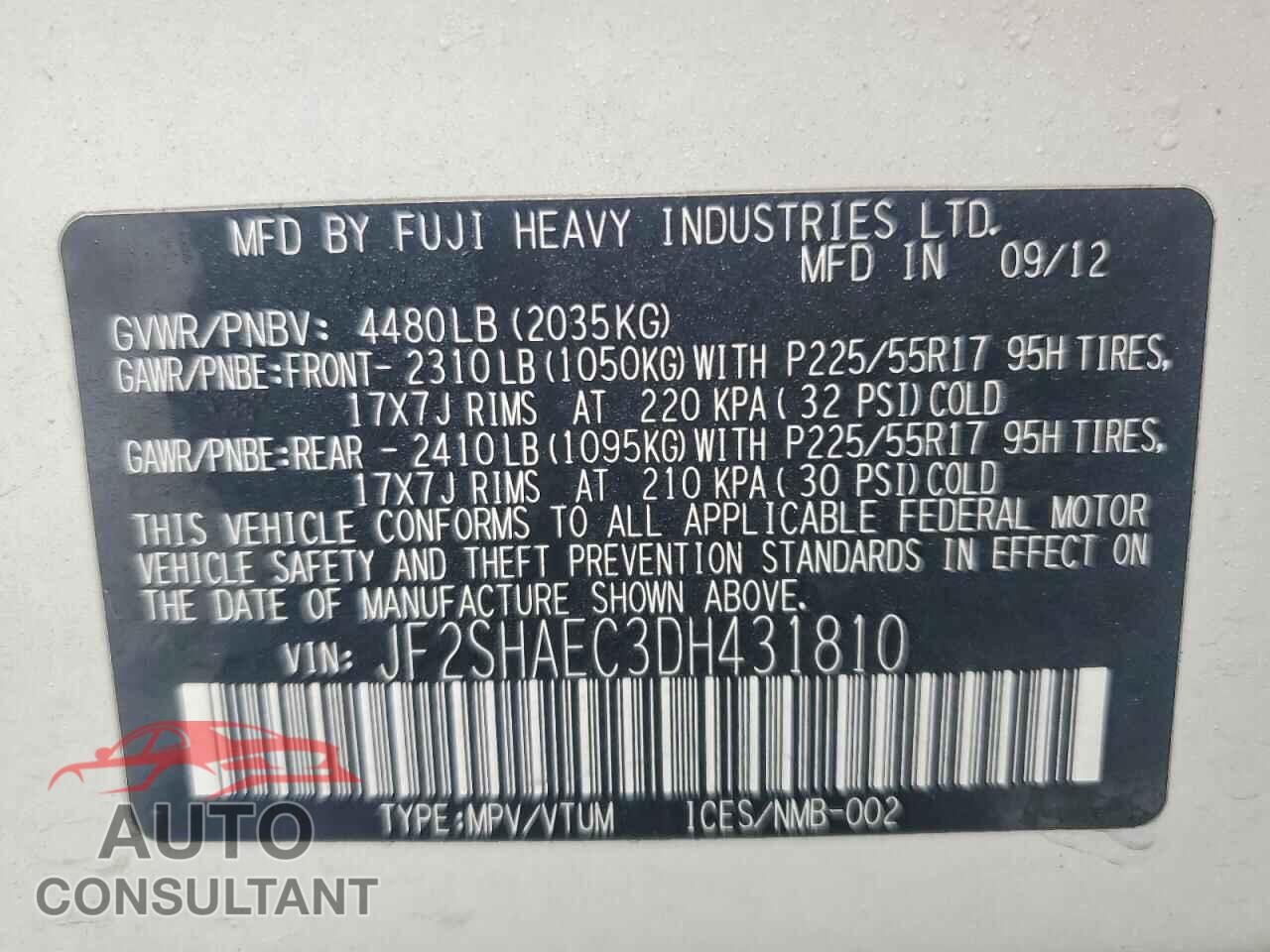 SUBARU FORESTER 2013 - JF2SHAEC3DH431810