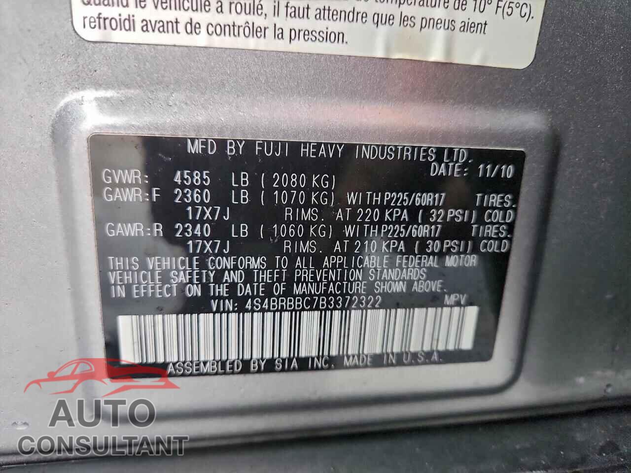 SUBARU OUTBACK 2011 - 4S4BRBBC7B3372322