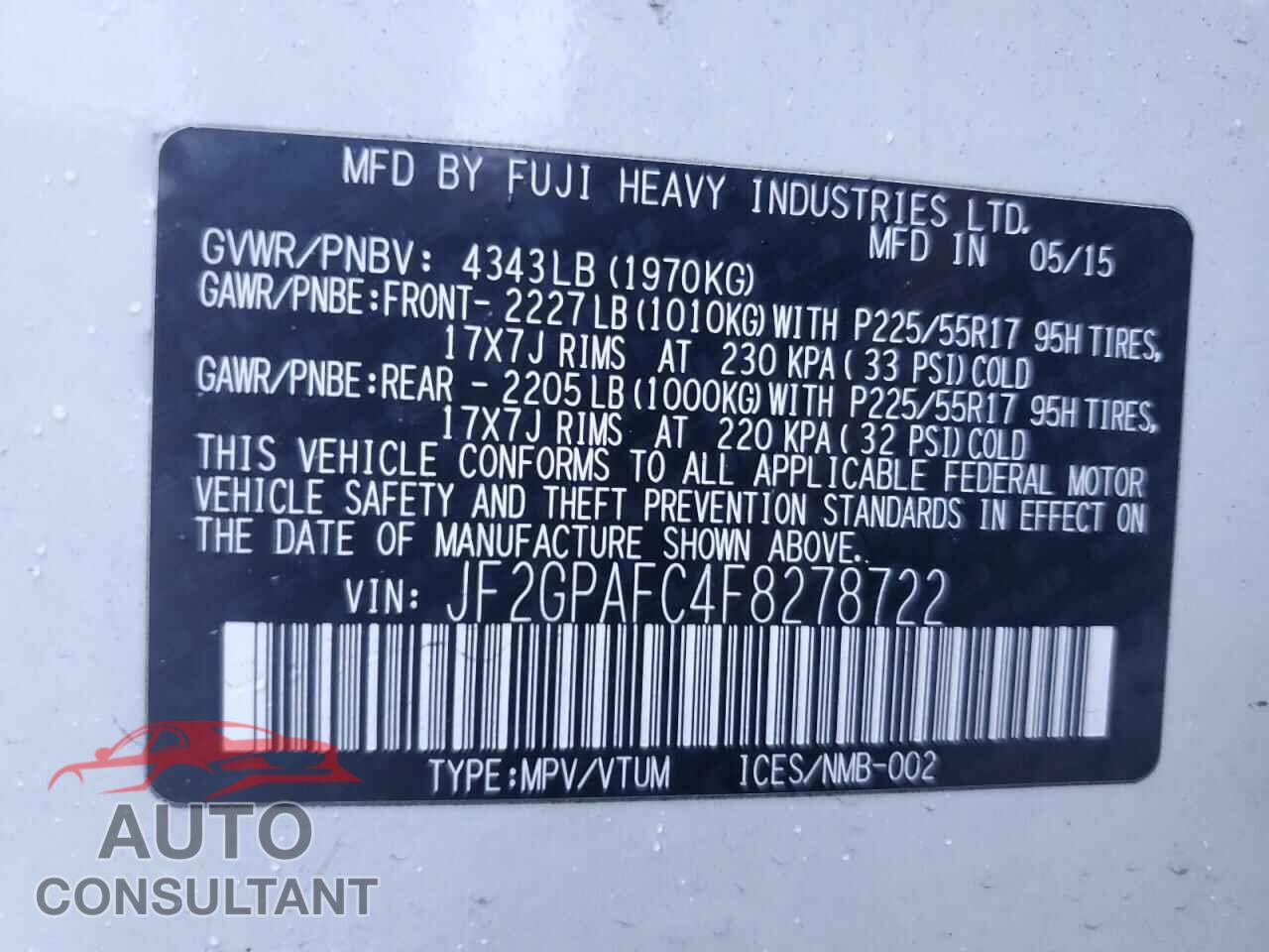 SUBARU XV 2015 - JF2GPAFC4F8278722