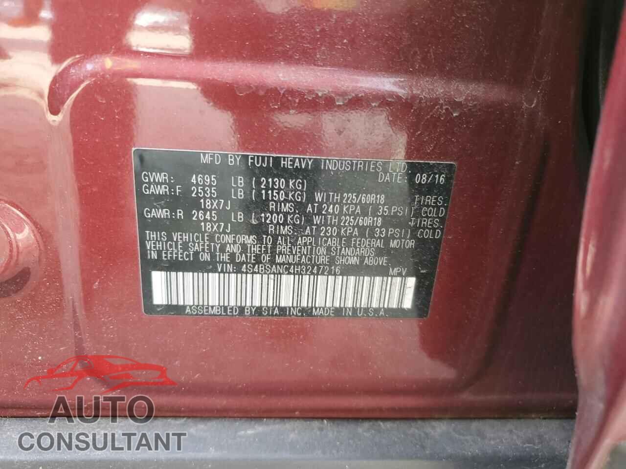 SUBARU OUTBACK 2017 - 4S4BSANC4H3247216