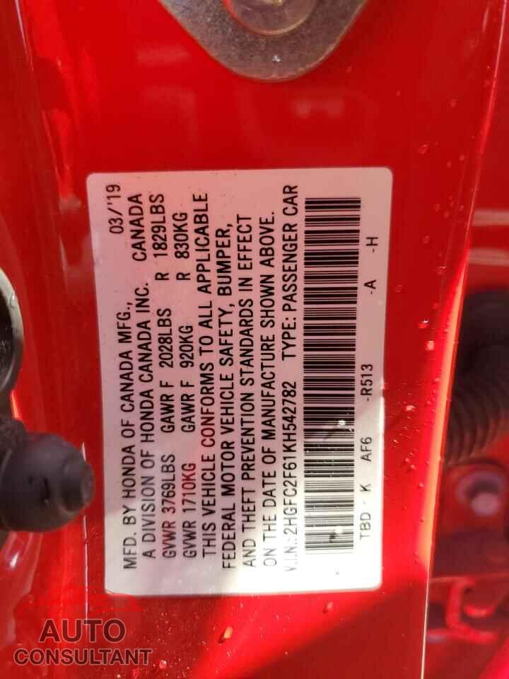 HONDA CIVIC 2019 - 2HGFC2F61KH542782