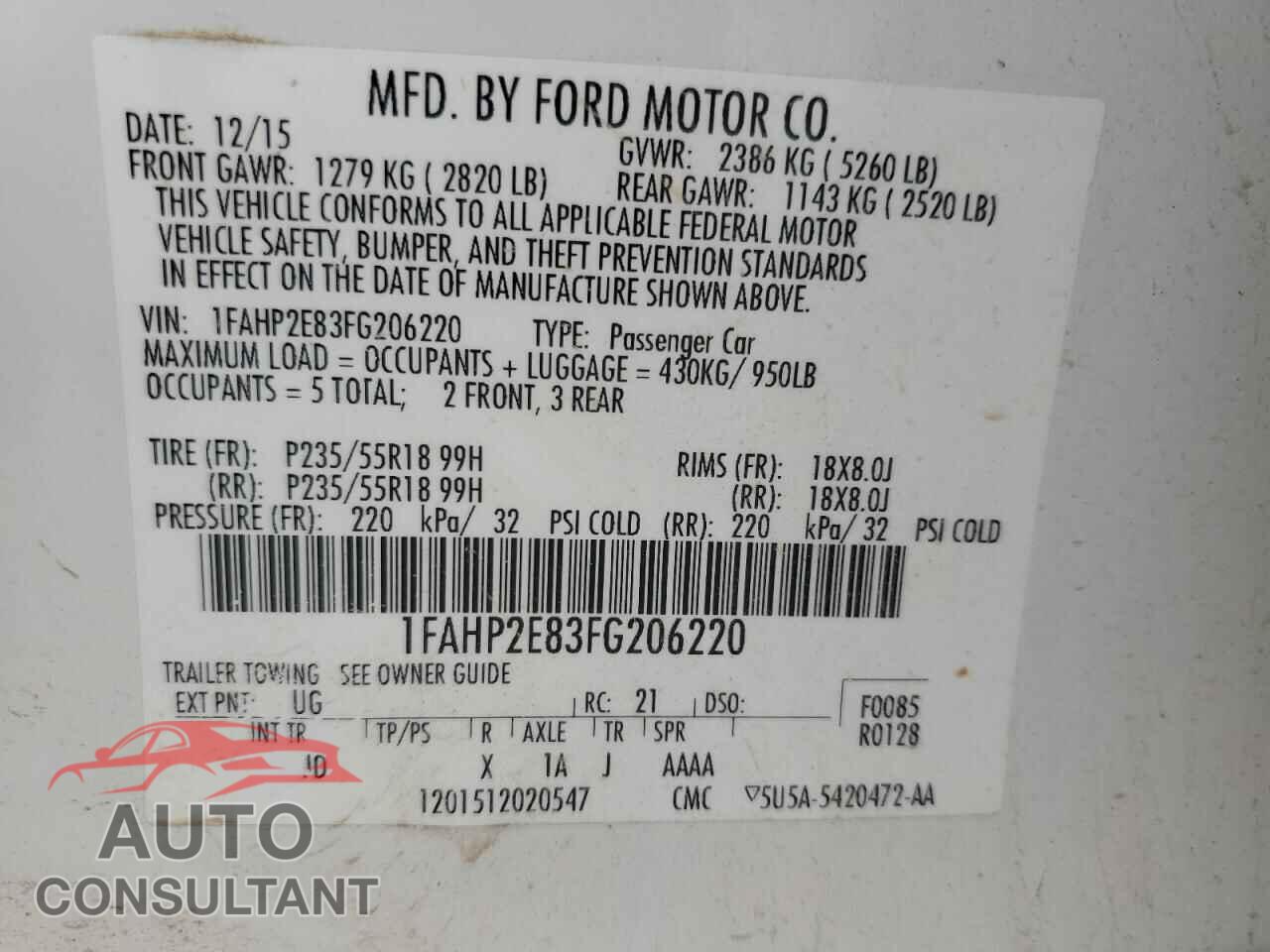 FORD TAURUS 2015 - 1FAHP2E83FG206220