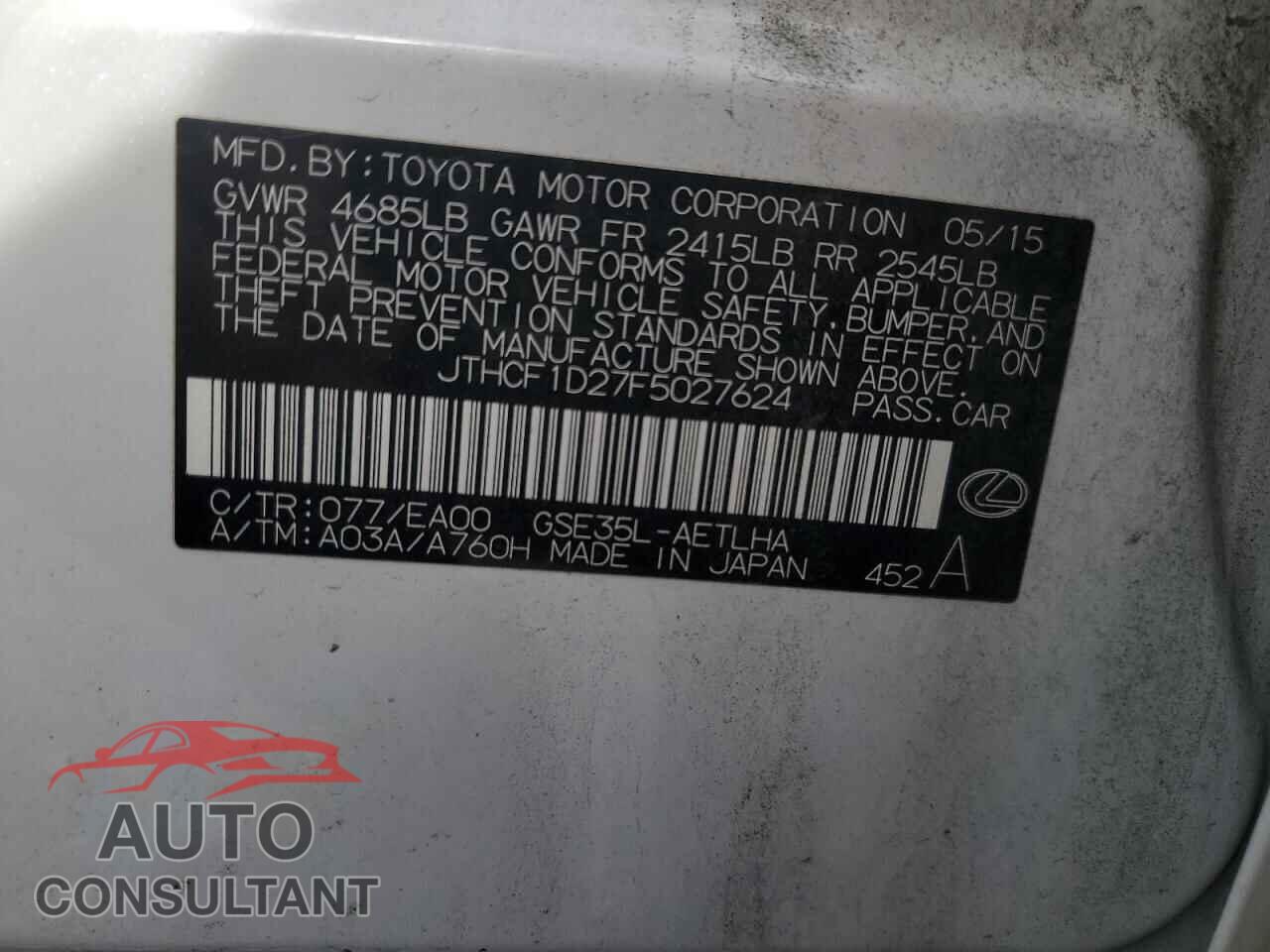 LEXUS IS 2015 - JTHCF1D27F5027624