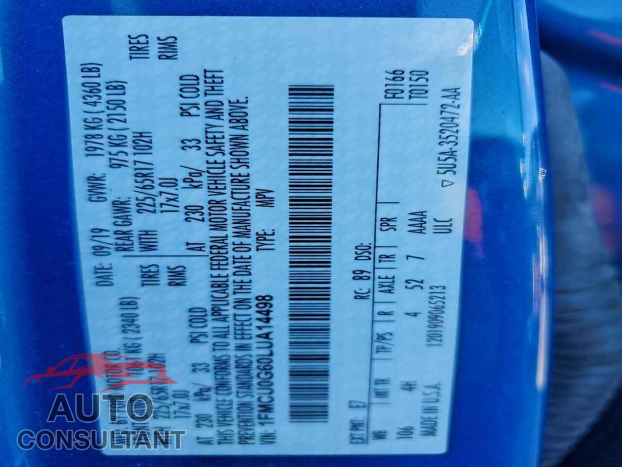FORD ESCAPE 2020 - 1FMCU0G60LUA14498