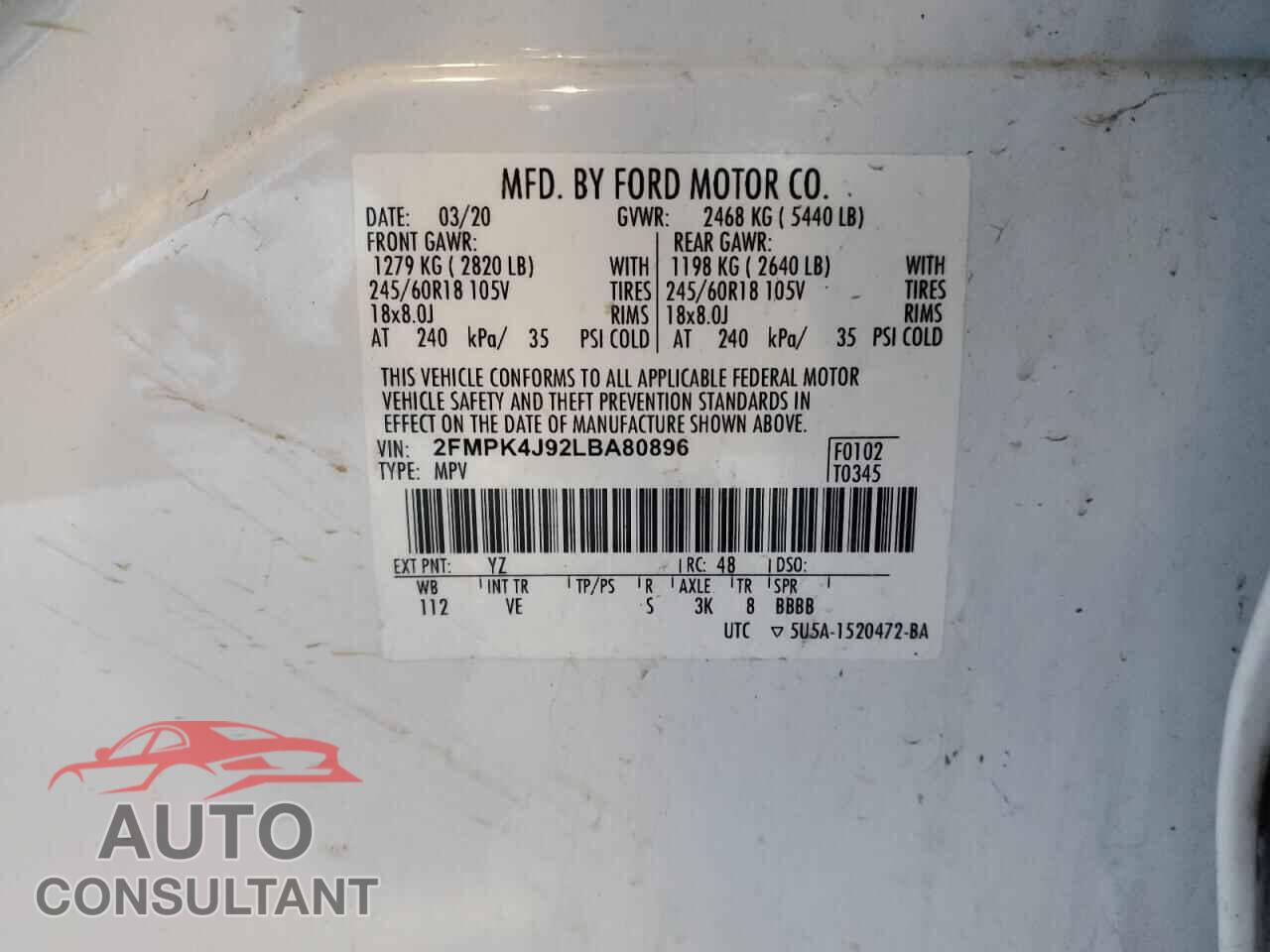 FORD EDGE 2020 - 2FMPK4J92LBA80896