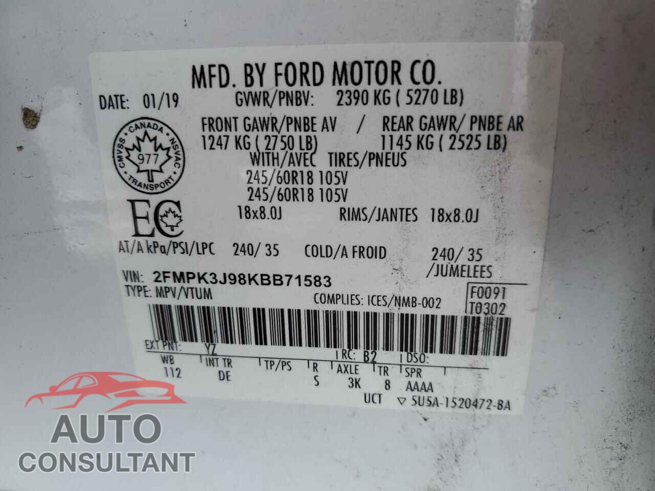 FORD EDGE 2019 - 2FMPK3J98KBB71583