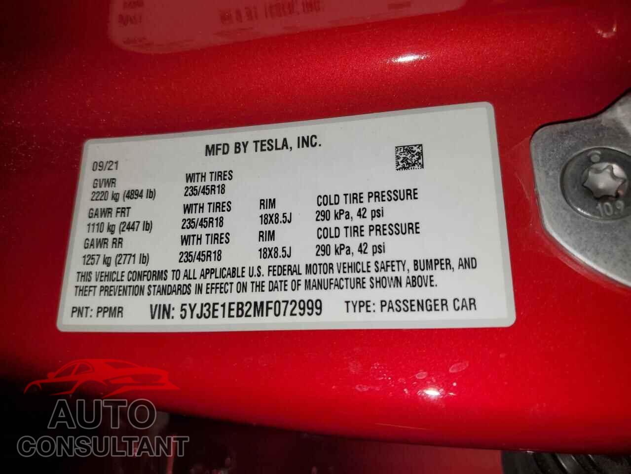 TESLA MODEL 3 2021 - 5YJ3E1EB2MF072999
