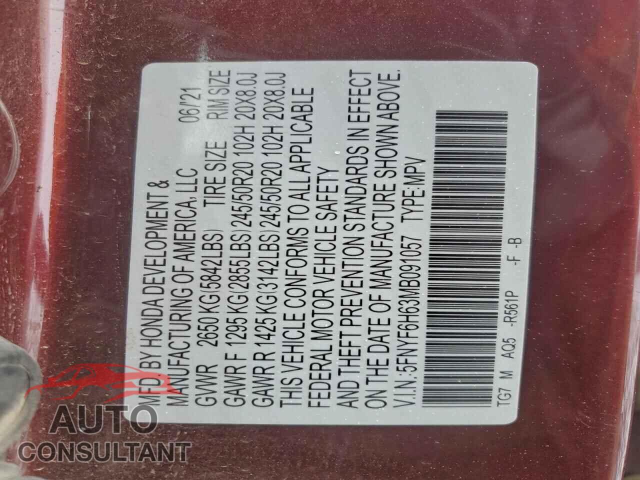 HONDA PILOT 2021 - 5FNYF6H63MB091057