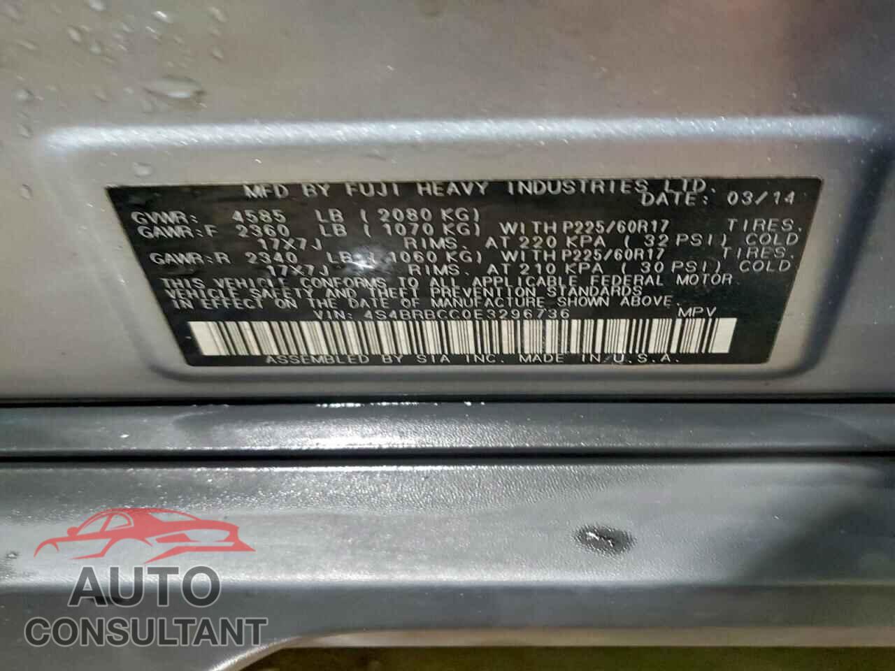 SUBARU OUTBACK 2014 - 4S4BRBCC0E3296736