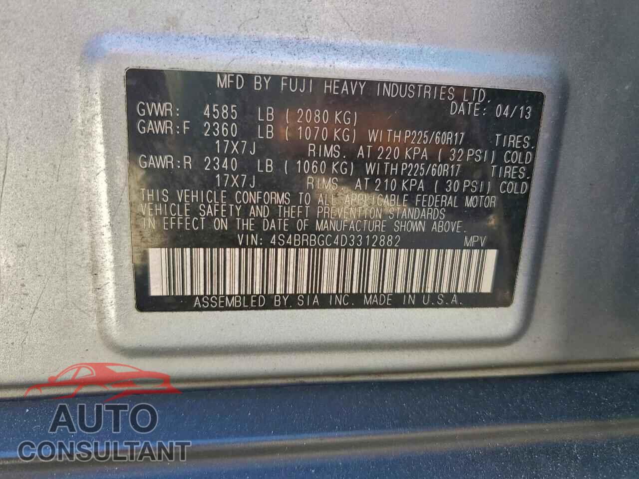 SUBARU OUTBACK 2013 - 4S4BRBGC4D3312882