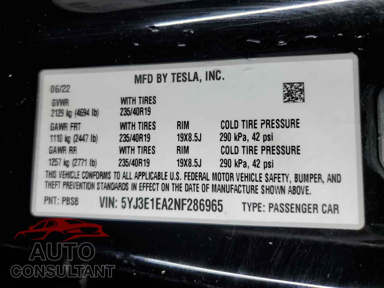TESLA MODEL 3 2022 - 5YJ3E1EA2NF286965