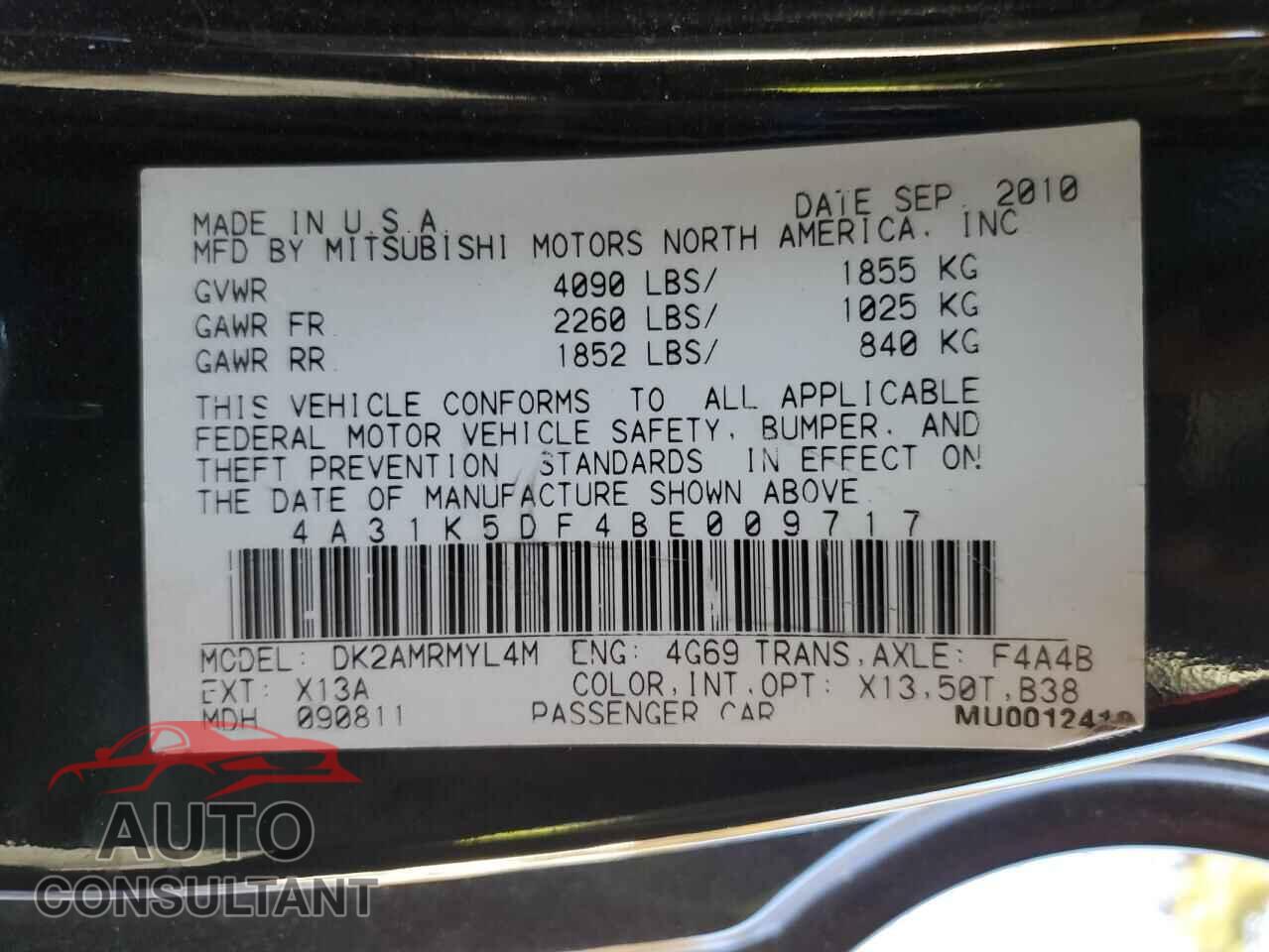 MITSUBISHI ECLIPSE 2011 - 4A31K5DF4BE009717