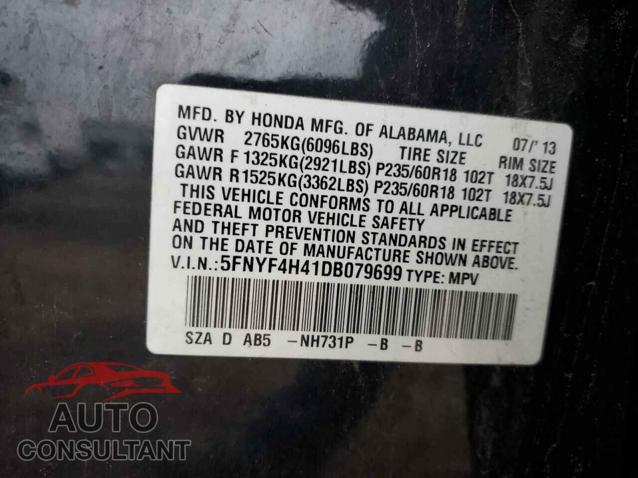 HONDA PILOT 2013 - 5FNYF4H41DB079699