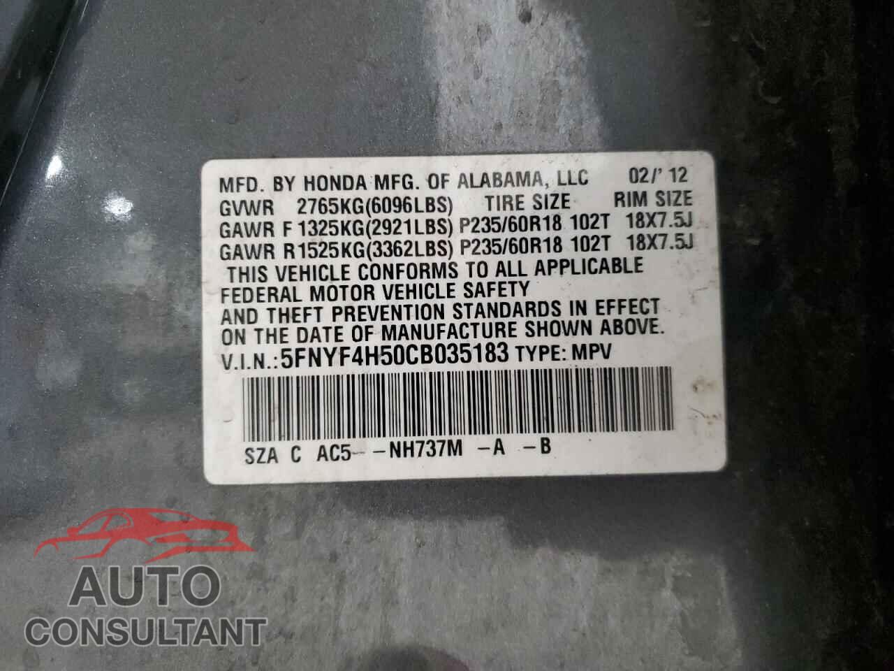 HONDA PILOT 2012 - 5FNYF4H50CB035183
