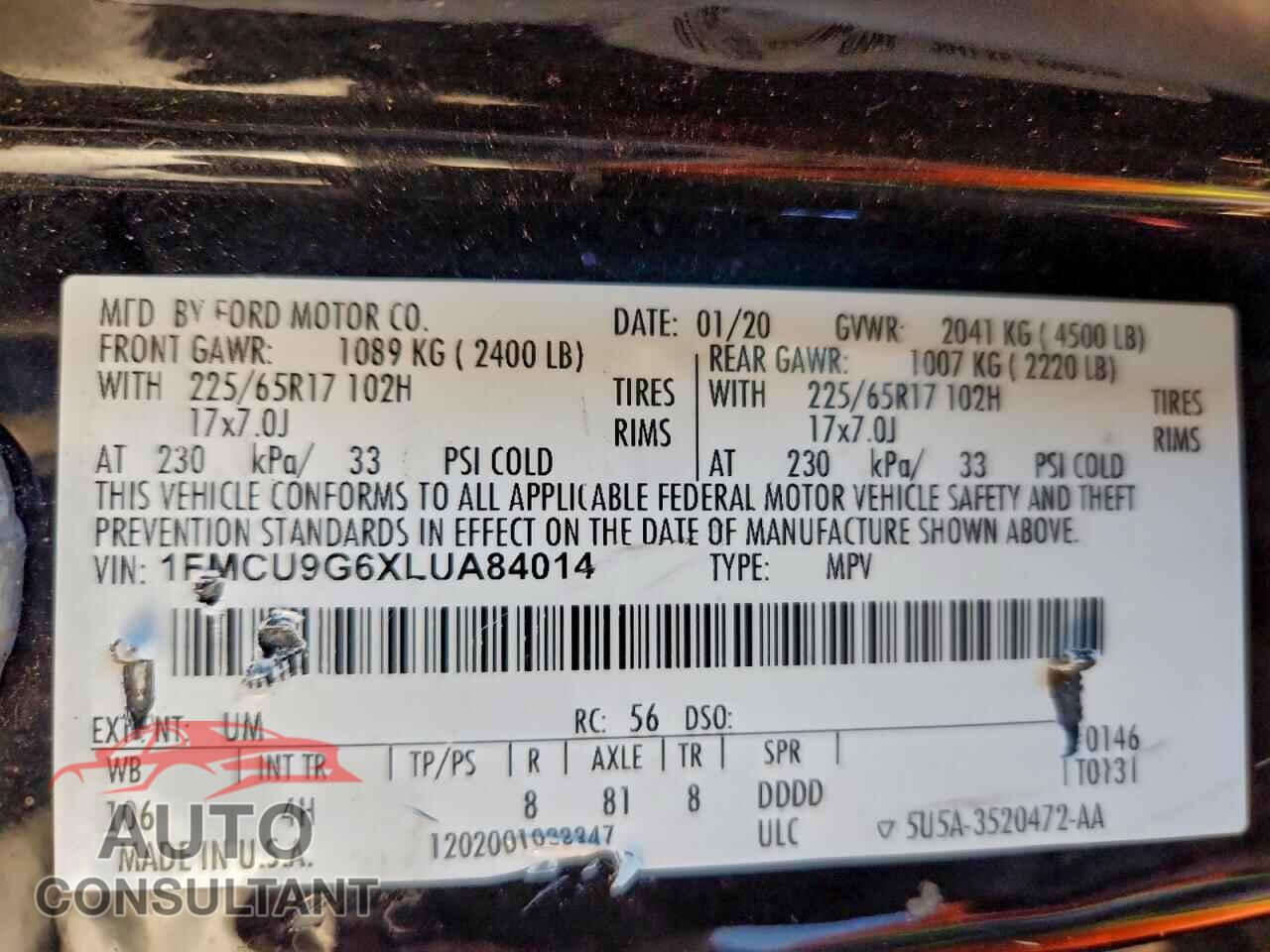 FORD ESCAPE 2020 - 1FMCU9G6XLUA84014