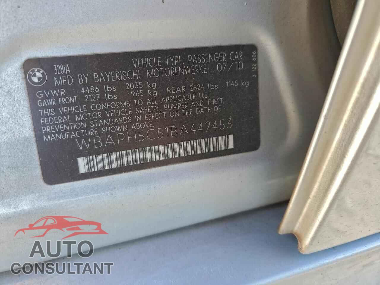 BMW 3 SERIES 2011 - WBAPH5C51BA442453