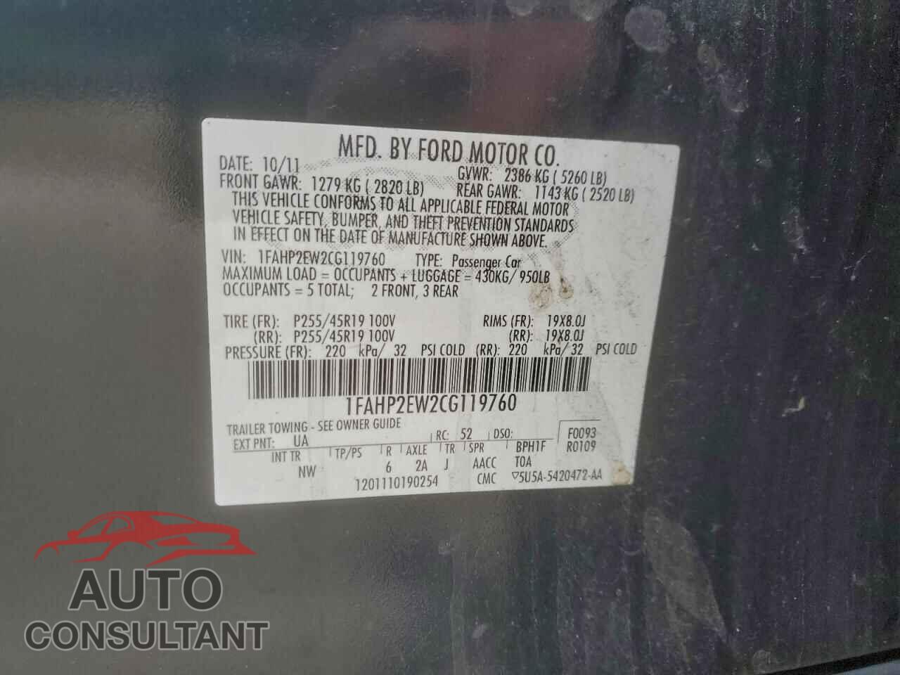 FORD TAURUS 2012 - 1FAHP2EW2CG119760