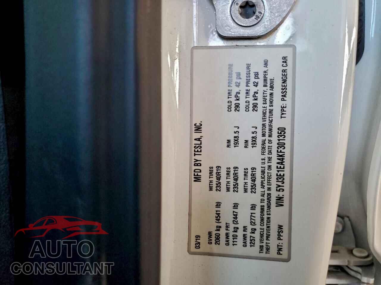 TESLA MODEL 3 2019 - 5YJ3E1EA4KF301350