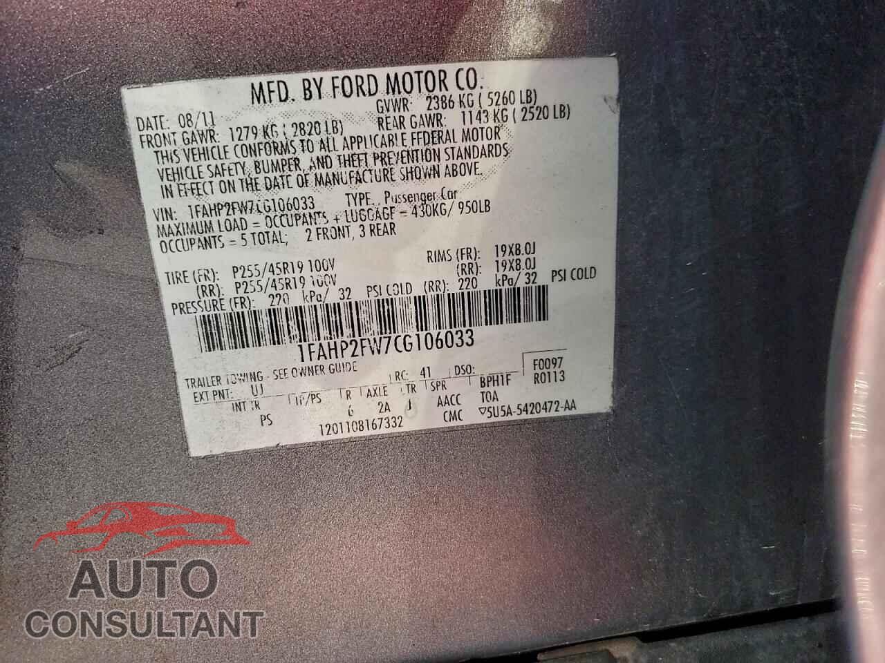 FORD TAURUS 2012 - 1FAHP2FW7CG106033