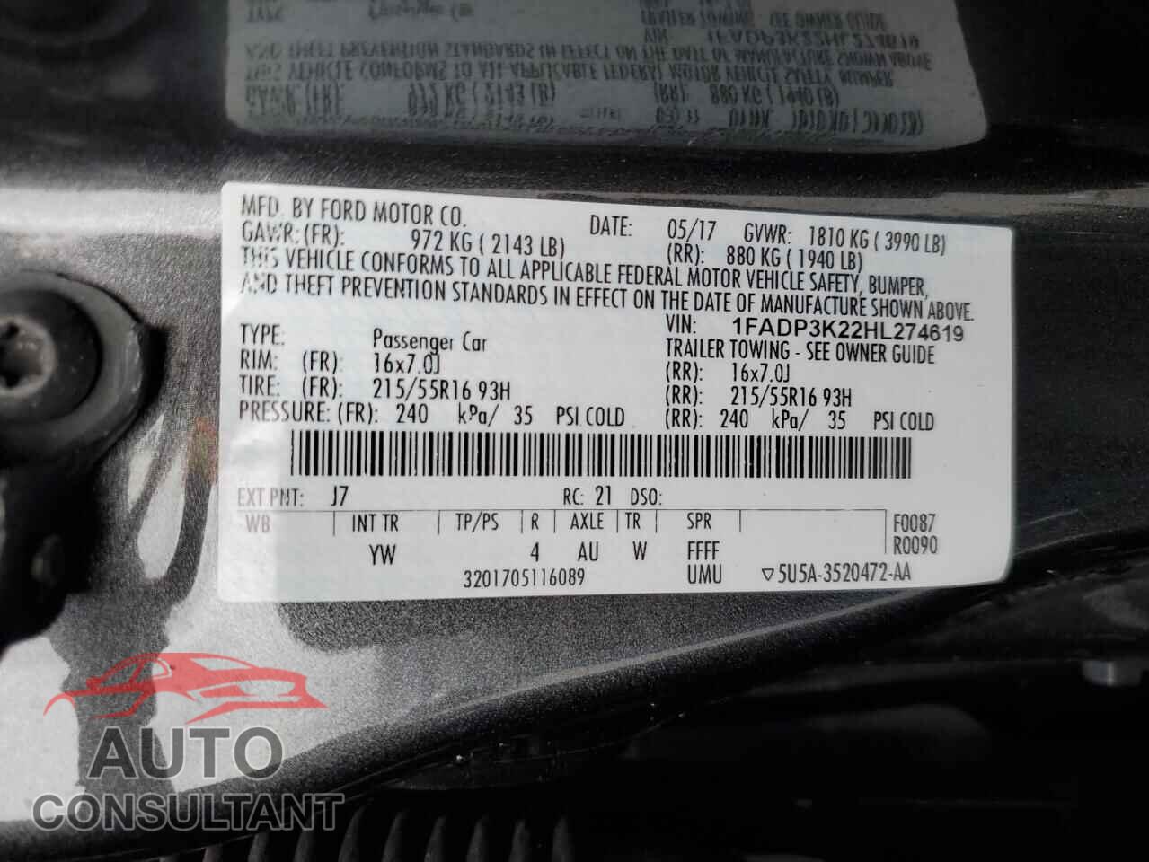 FORD FOCUS 2017 - 1FADP3K22HL274619