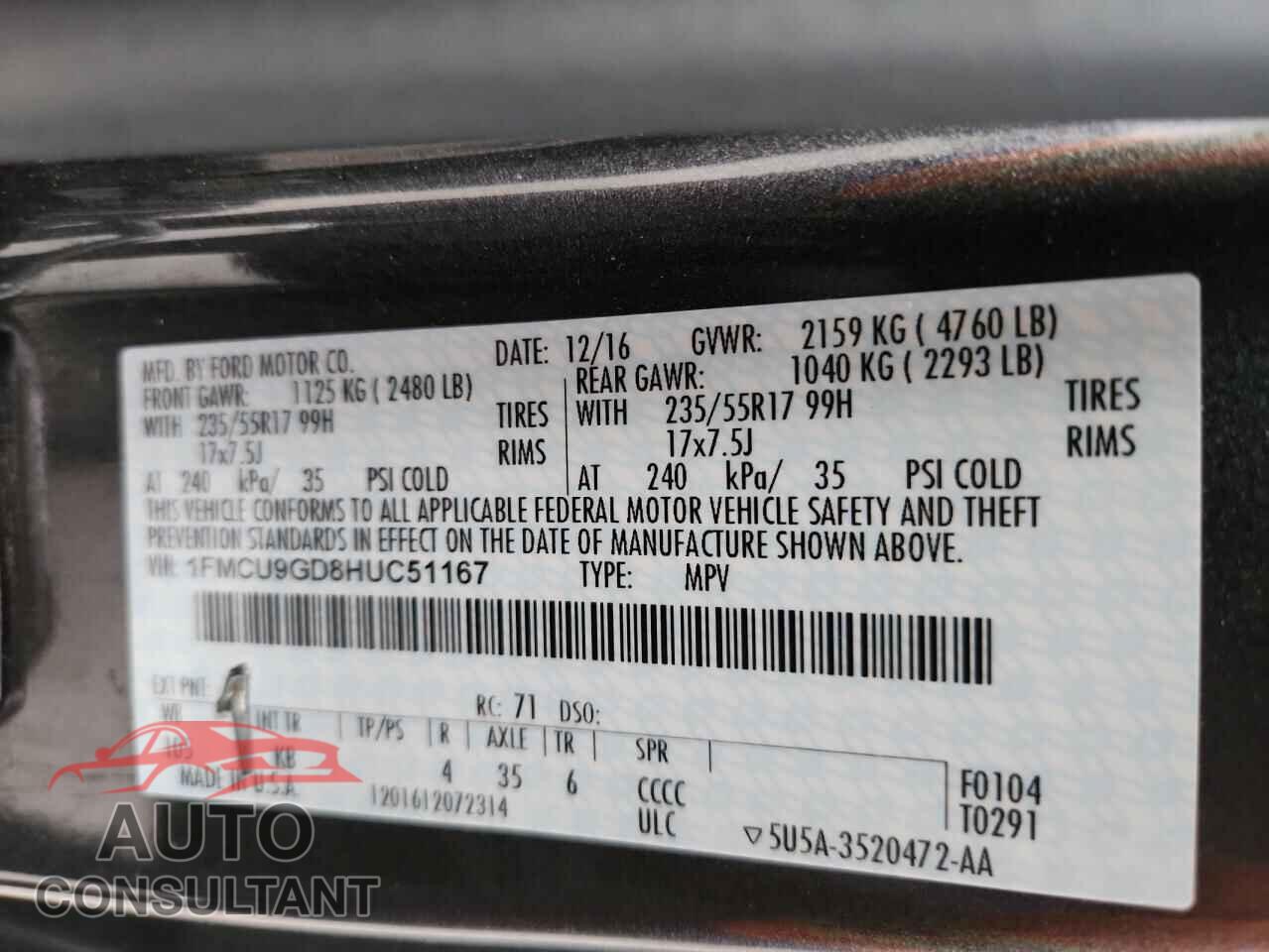 FORD ESCAPE 2017 - 1FMCU9GD8HUC51167