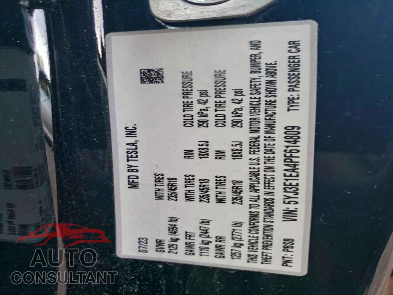 TESLA MODEL 3 2023 - 5YJ3E1EA4PF614809