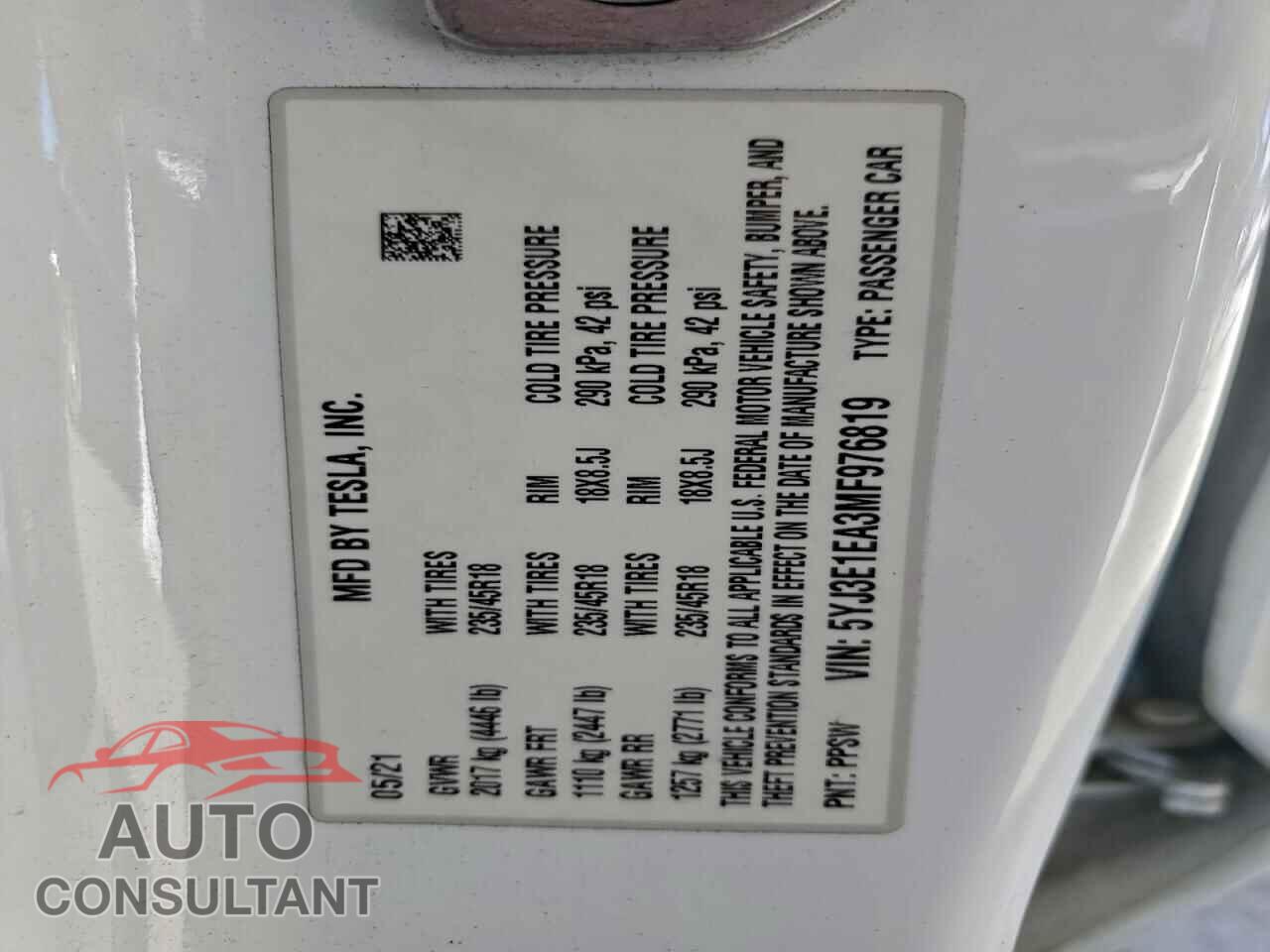TESLA MODEL 3 2021 - 5YJ3E1EA3MF976819