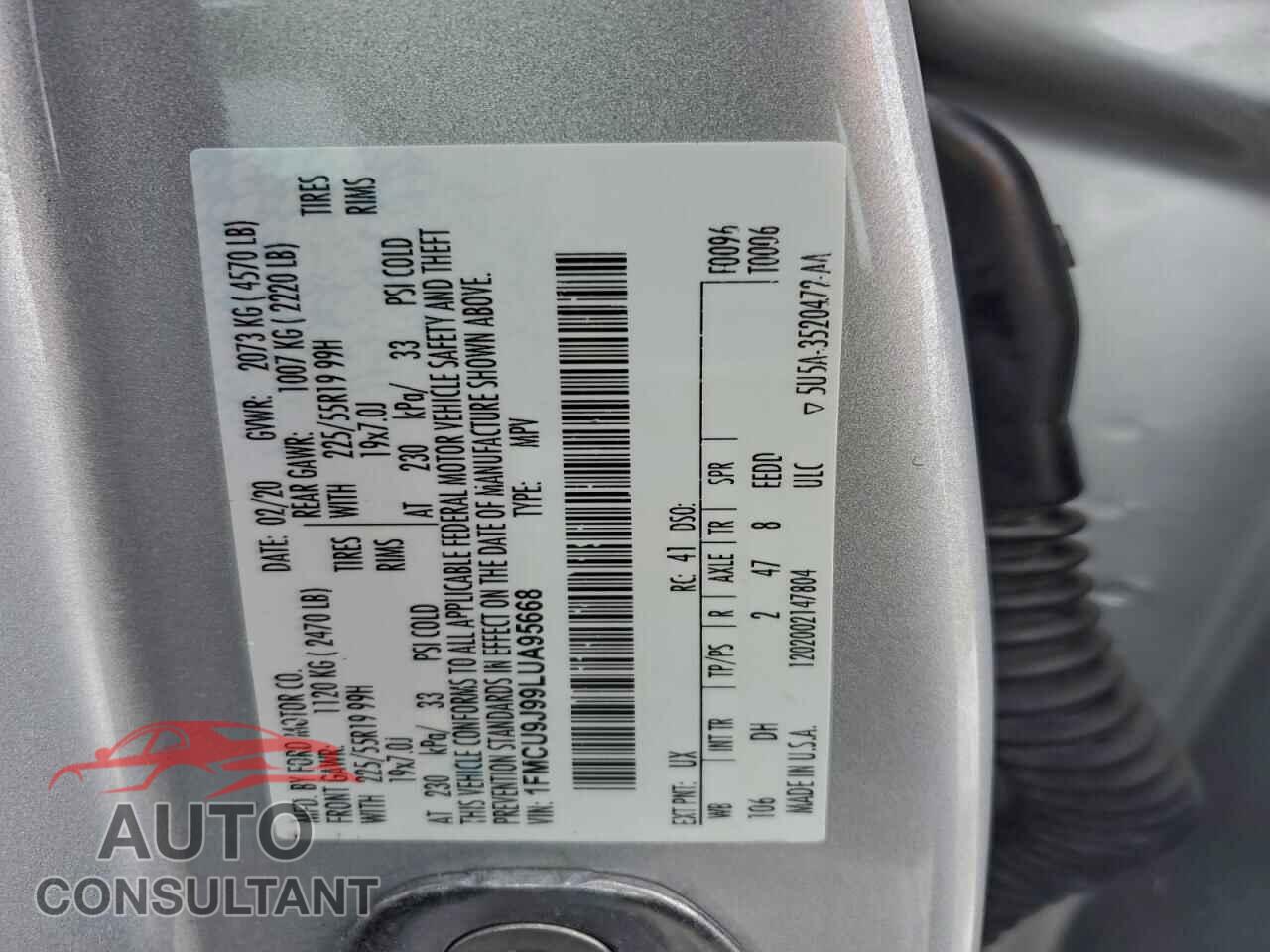 FORD ESCAPE 2020 - 1FMCU9J99LUA95668