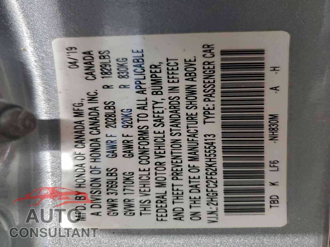 HONDA CIVIC 2019 - 2HGFC2F62KH555413