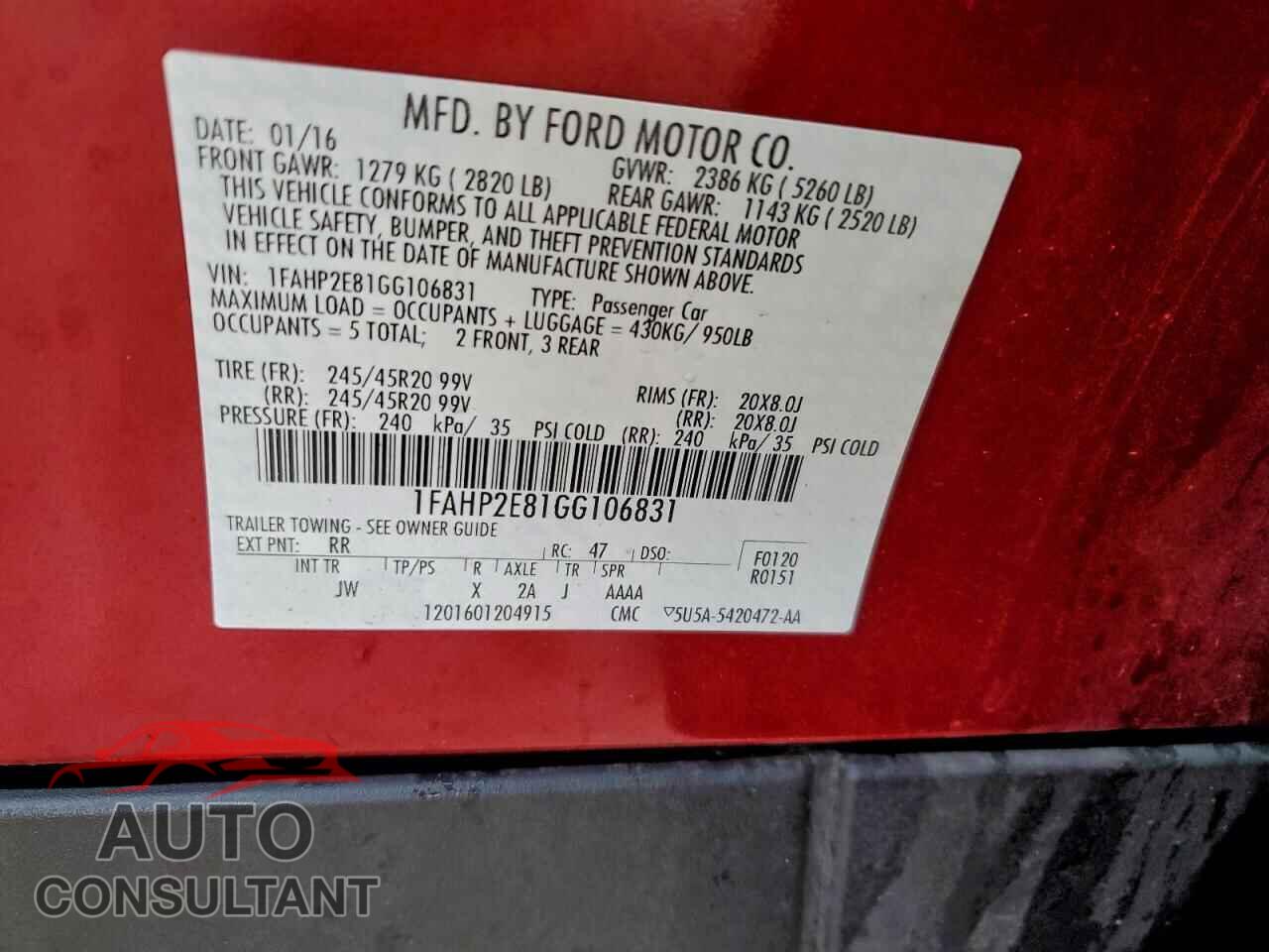 FORD TAURUS 2016 - 1FAHP2E81GG106831