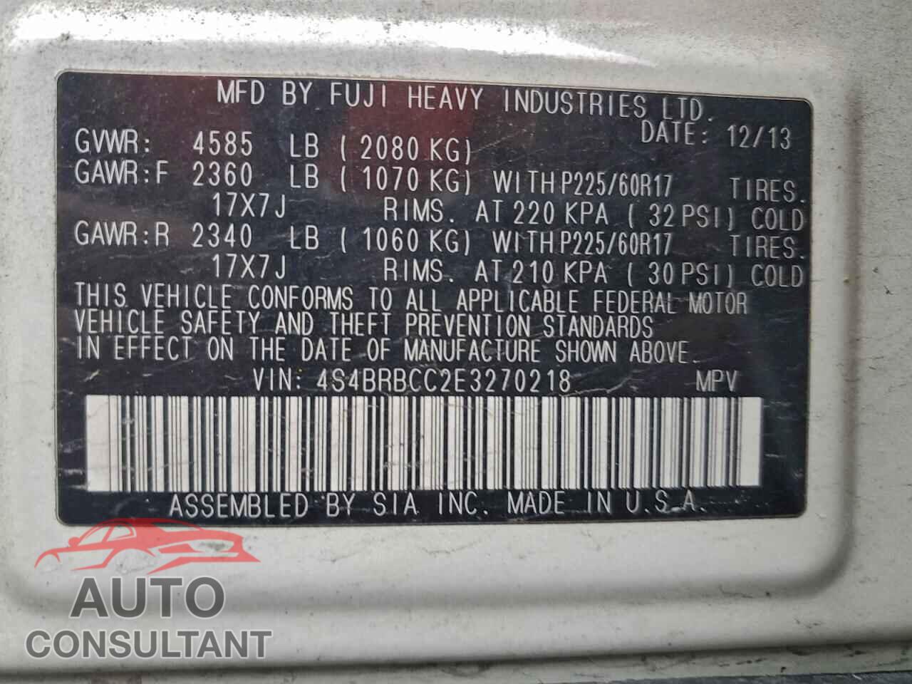 SUBARU OUTBACK 2014 - 4S4BRBCC2E3270218