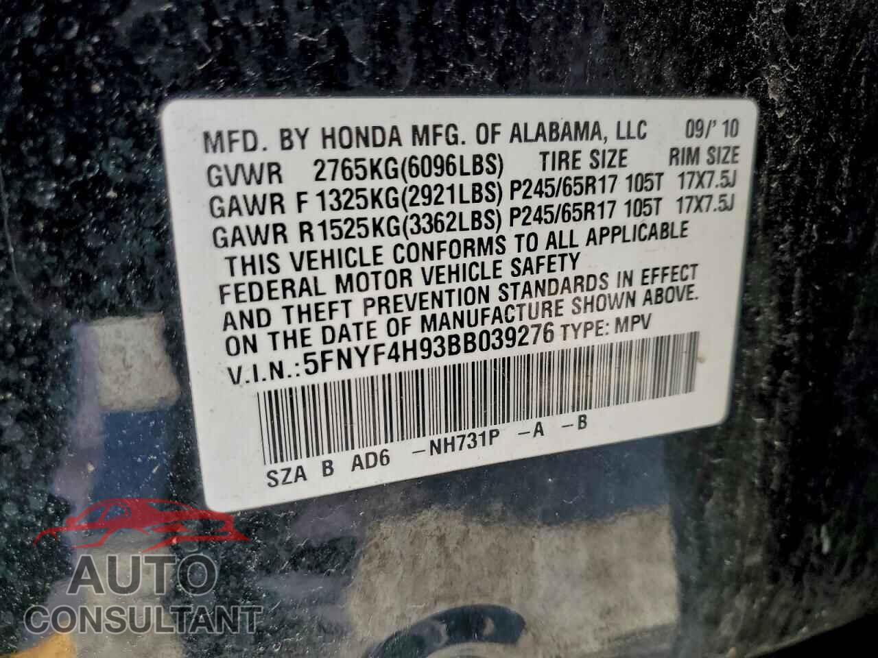 HONDA PILOT 2011 - 5FNYF4H93BB039276