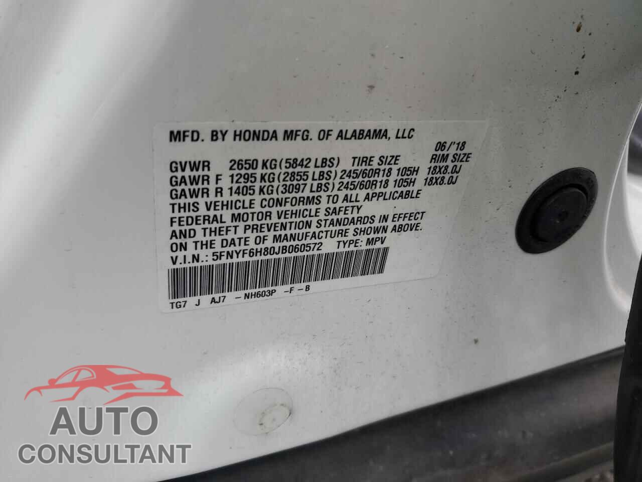 HONDA PILOT 2018 - 5FNYF6H80JB060572
