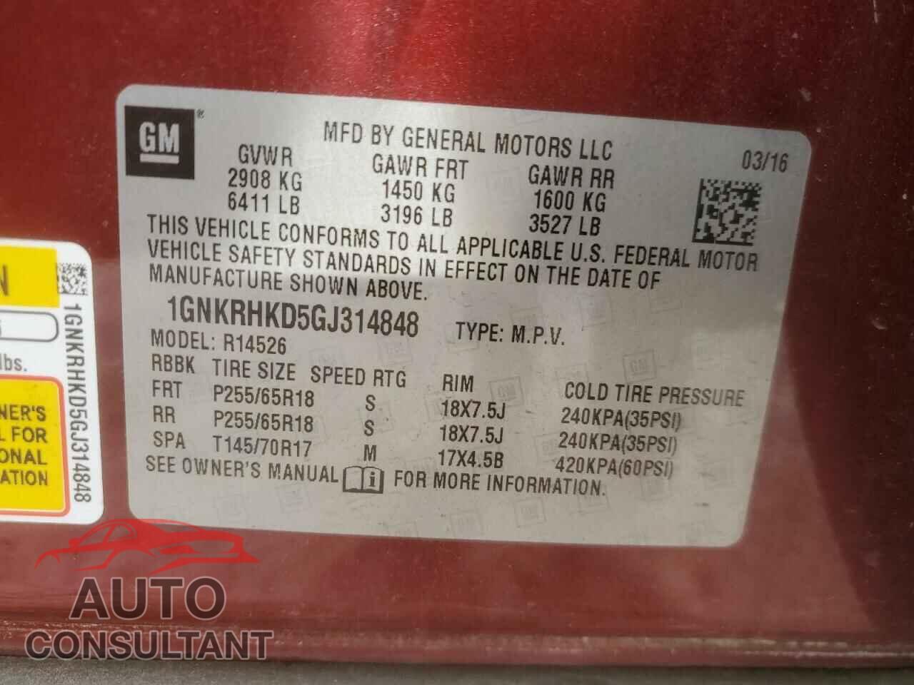 CHEVROLET TRAVERSE 2016 - 1GNKRHKD5GJ314848