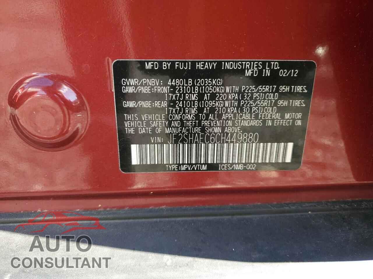 SUBARU FORESTER 2012 - JF2SHAEC6CH449880