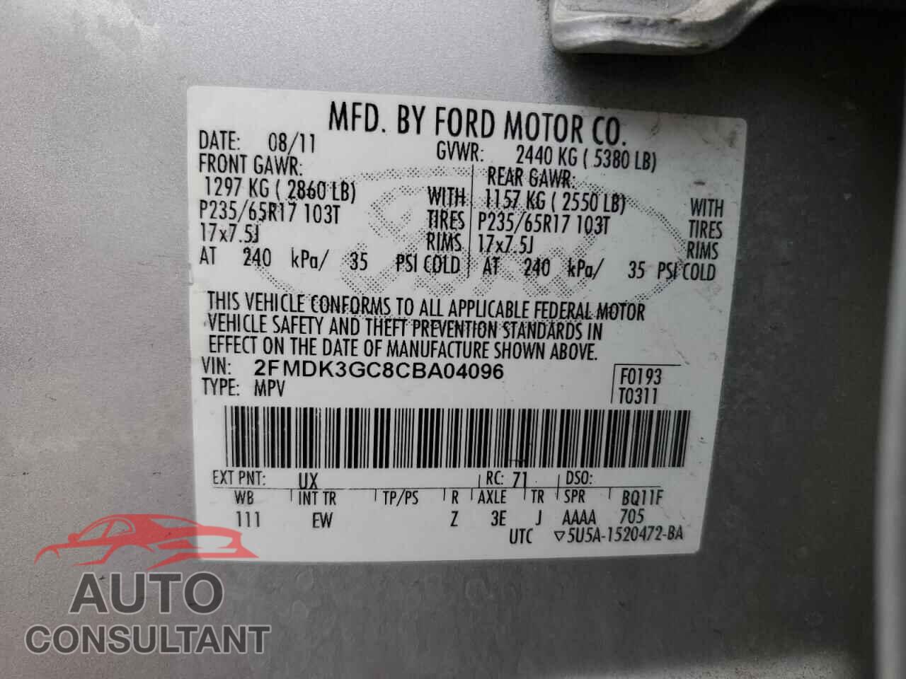 FORD EDGE 2012 - 2FMDK3GC8CBA04096