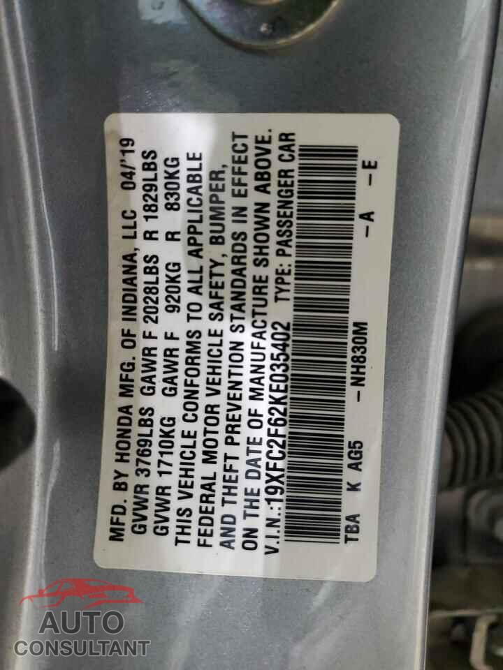 HONDA CIVIC 2019 - 19XFC2F62KE035402