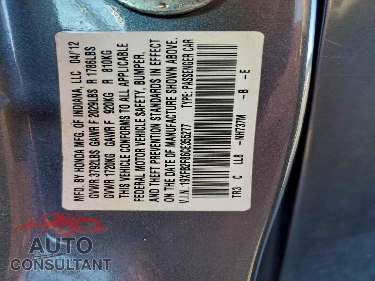 HONDA CIVIC 2012 - 19XFB2F86CE355277