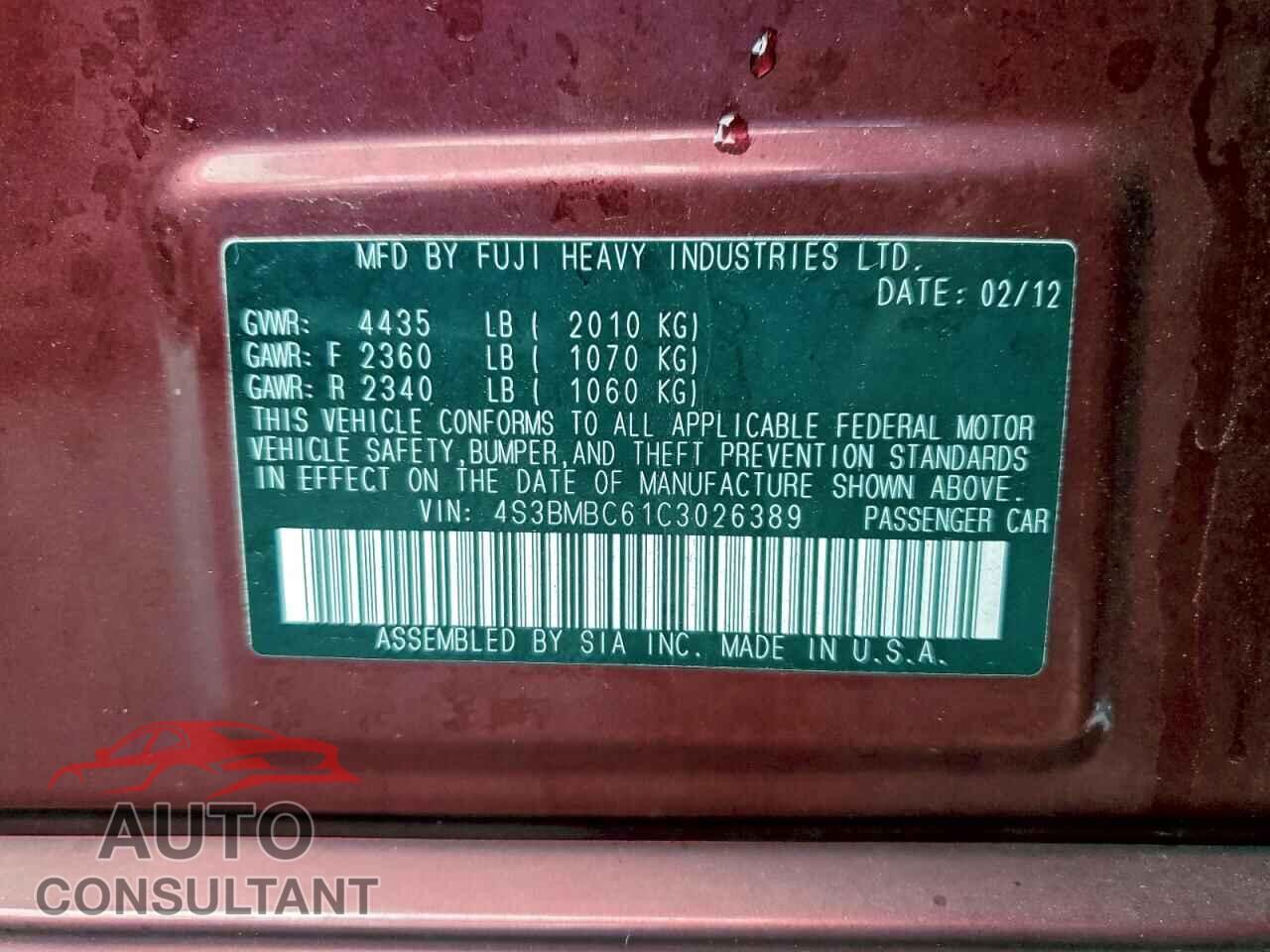 SUBARU LEGACY 2012 - 4S3BMBC61C3026389