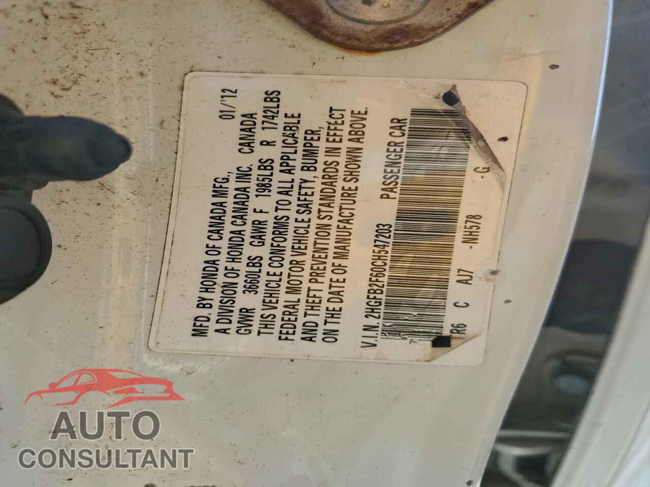 HONDA CIVIC 2012 - 2HGFB2F60CH547203