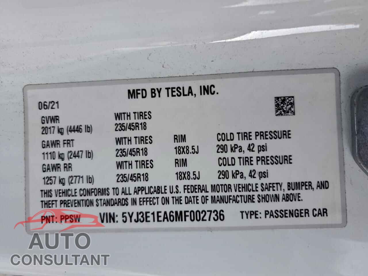 TESLA MODEL 3 2021 - 5YJ3E1EA6MF002736