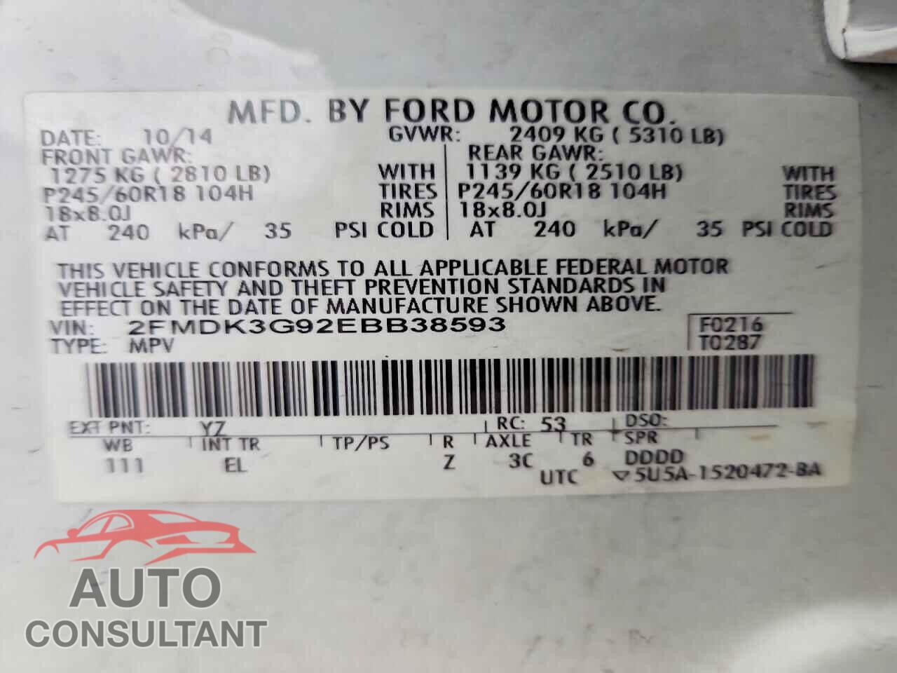 FORD EDGE 2014 - 2FMDK3G92EBB38593