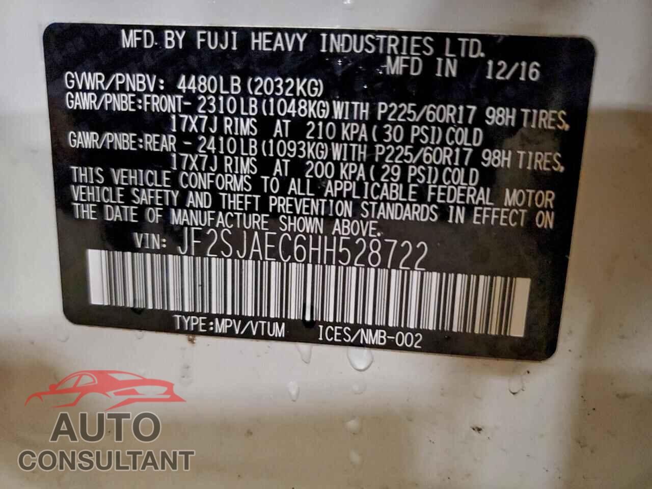 SUBARU FORESTER 2017 - JF2SJAEC6HH528722