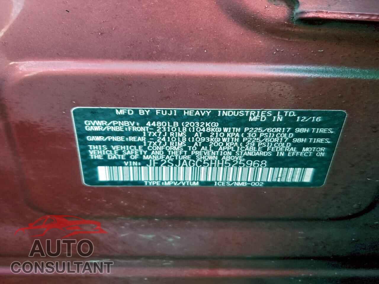 SUBARU FORESTER 2017 - JF2SJAGC5HH525968