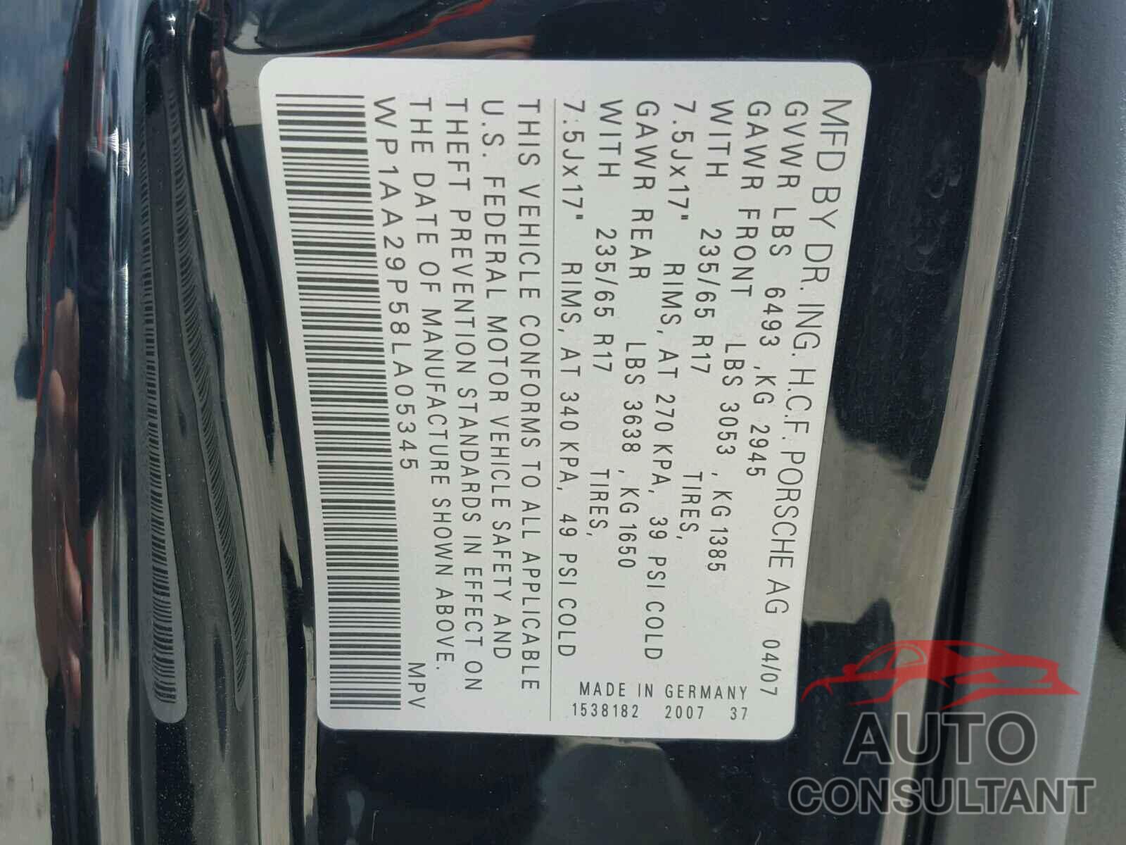 PORSCHE CAYENNE 2008 - WP1AA29P58LA05345